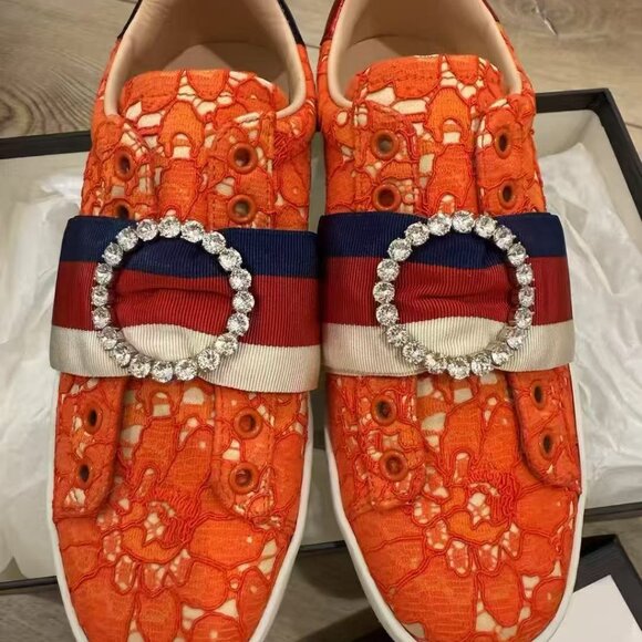 NIB Authentic Gucci Orange Lace Ace Web Crystal Embellished Sneaker - Picture 3 of 4